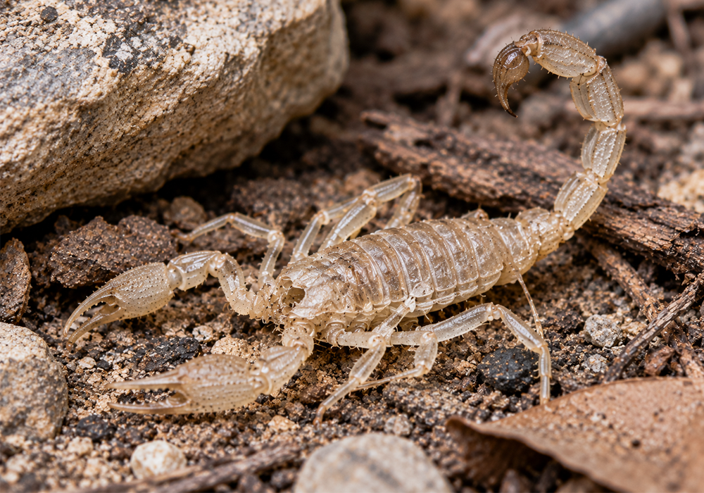 Scorpion Identification Guide image showing a pale shed scorpion exoskeleton with pincers, legs, body, tail, and stinger.