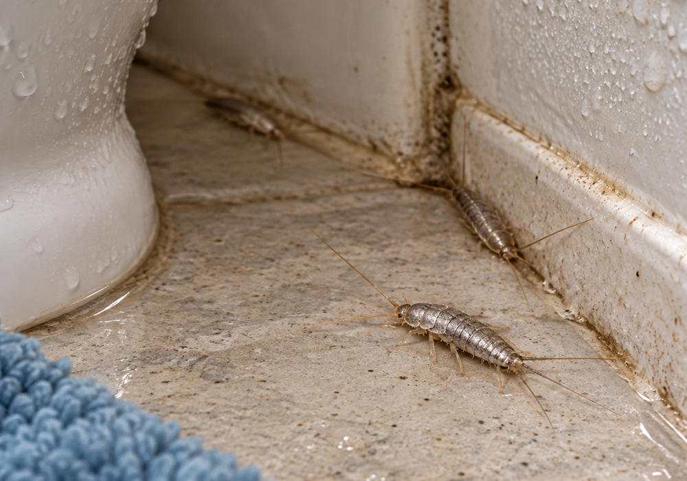 Silverfish active along a damp bathroom floor and baseboard in a humid protected area.