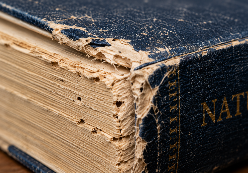 Damaged book pages and binding showing feeding damage that may be associated with silverfish activity.