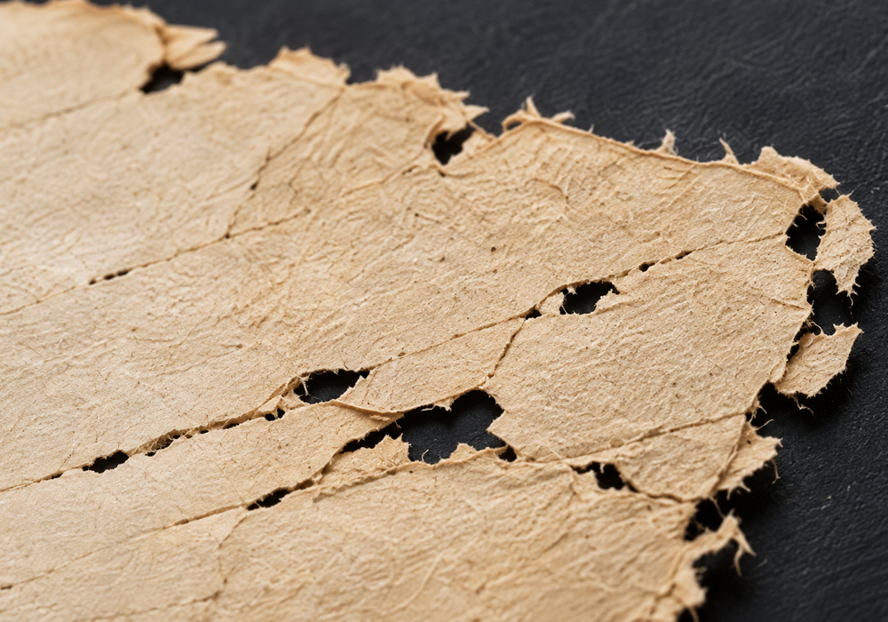 rregular scraped areas, notches, and holes in paper caused by possible silverfish feeding activity.