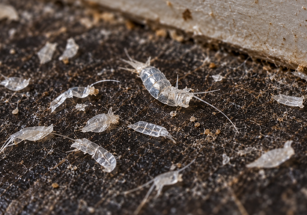 Silverfish Identification Guide image showing shed skins and scale-like material in a protected hiding area.