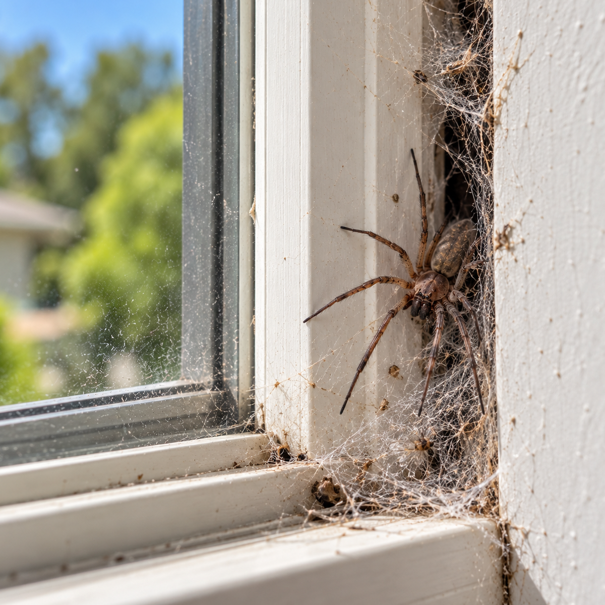 Southern house spider emerging from a webbed crevice in a window frame.