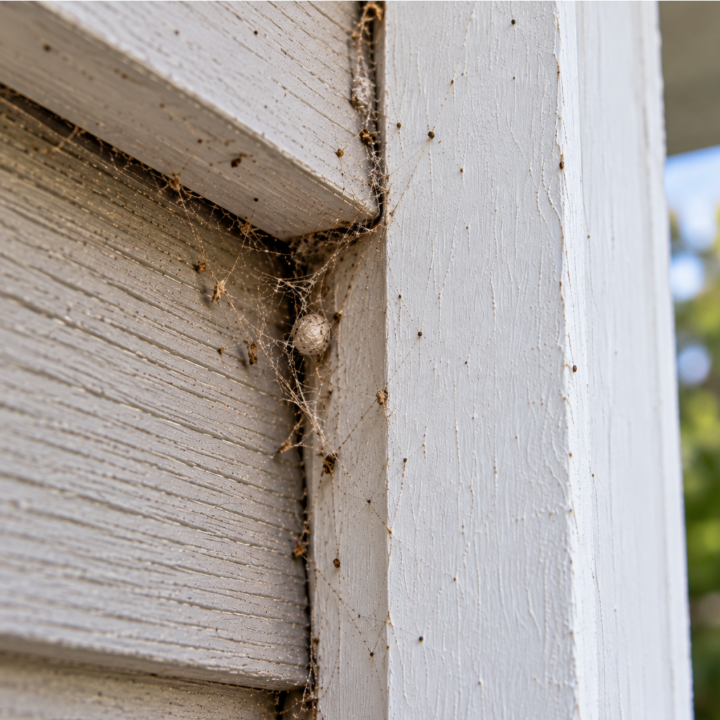 Spider Identification Guide-Signs of Activity: Small spider egg sac tucked into webbing along exterior siding and trim