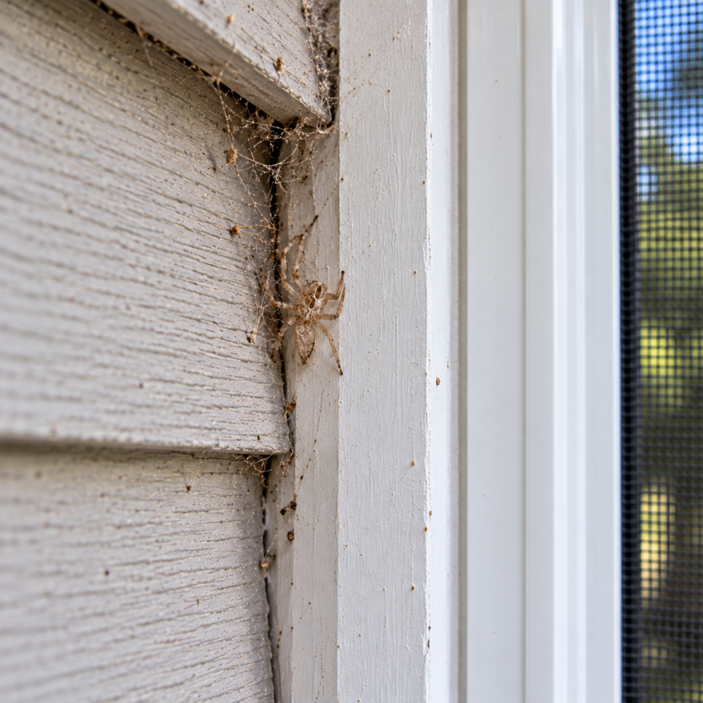 Spider Identification Guide-Signs of Activity: Shed spider skin caught in old webbing along exterior house trim.