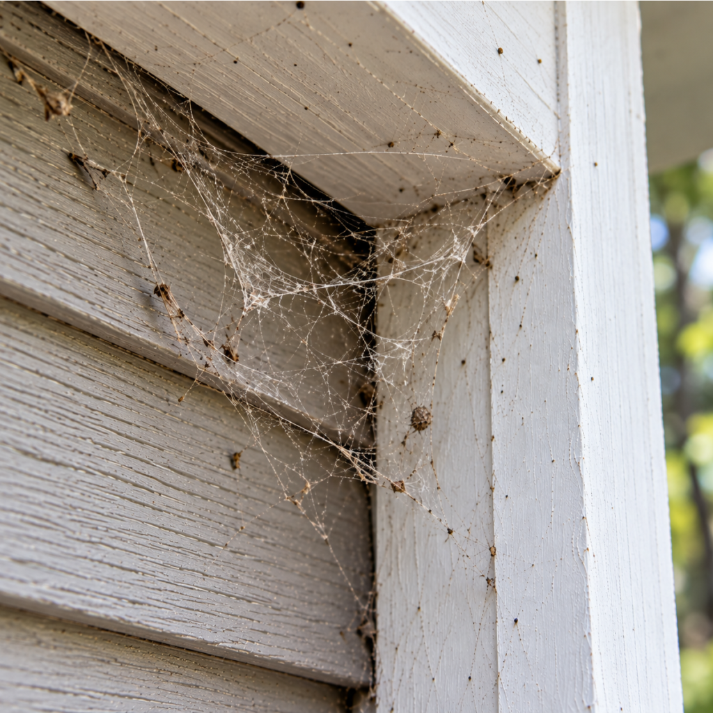 Spider Identification Guide: Tangled spider web with trapped debris in a protected exterior siding and trim corner.