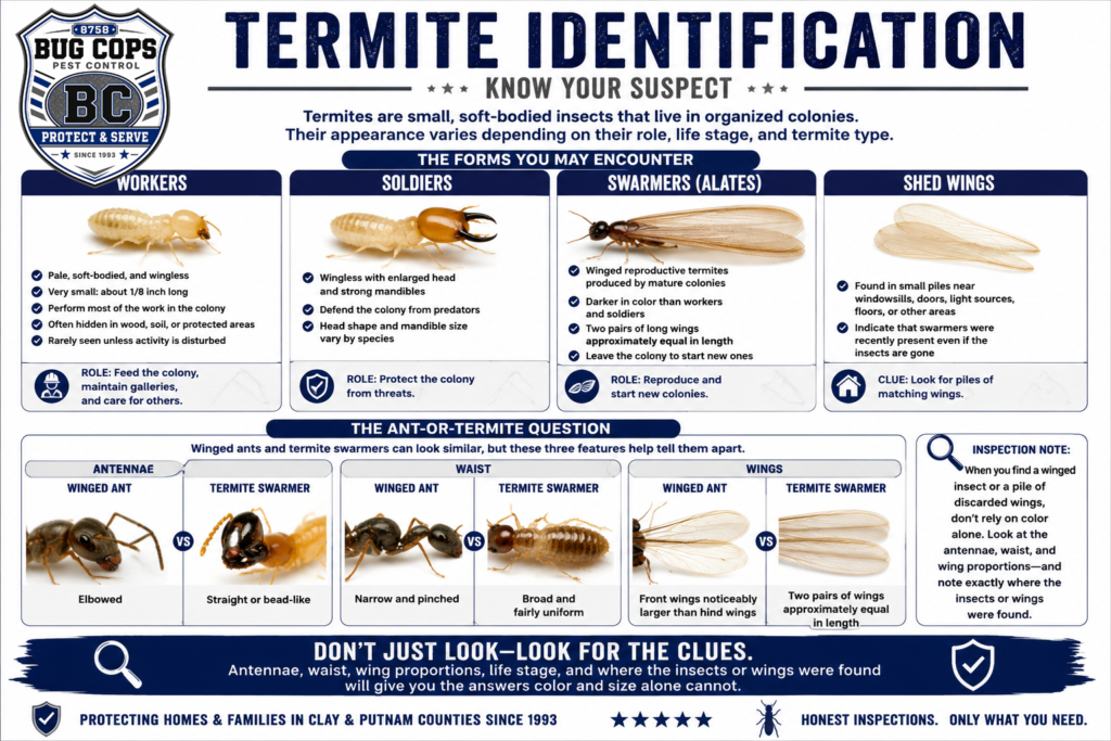 Termite identification graphic showing workers, soldiers, swarmers, shed wings, and differences between winged ants and termite swarmers including antennae, waist, and wing proportions.