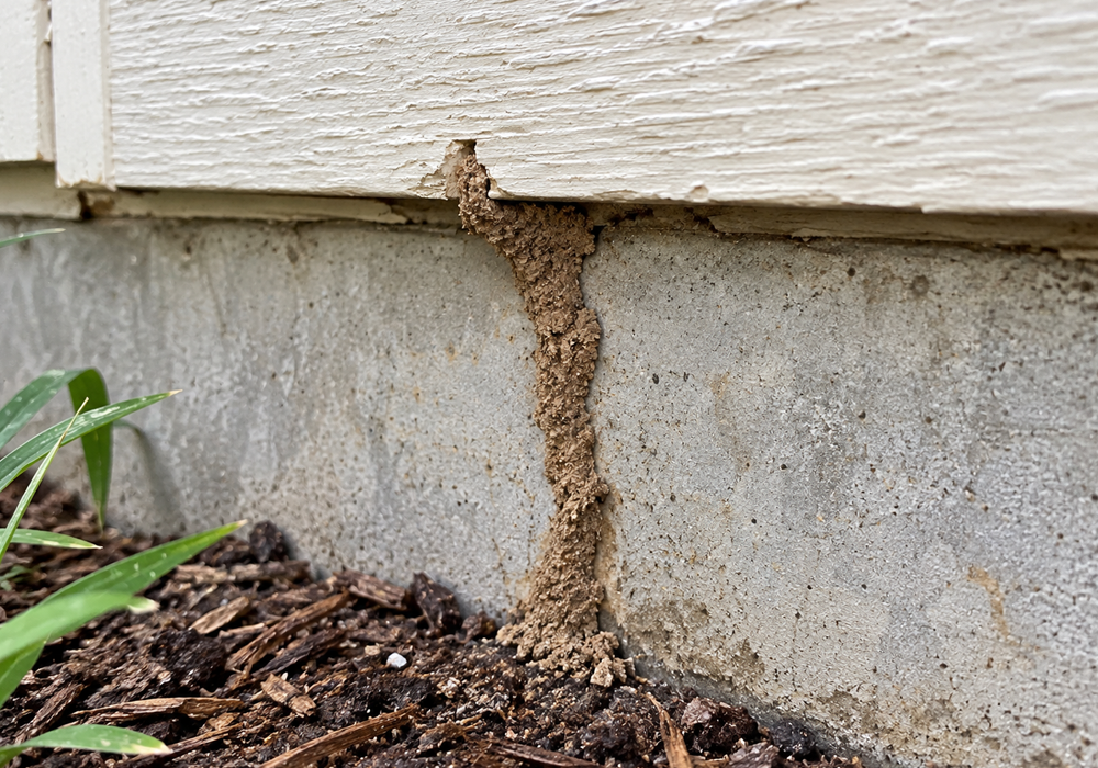 Subterranean termite mud tubes along a home foundation