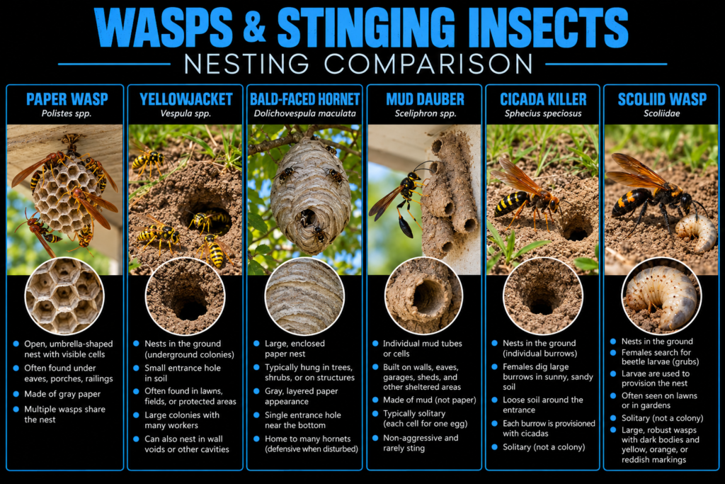 Wasps & Stinging Insects Identification Guide showing nest differences for paper wasps, yellowjackets, bald-faced hornets, mud daubers, cicada killers, and scoliid wasps.
