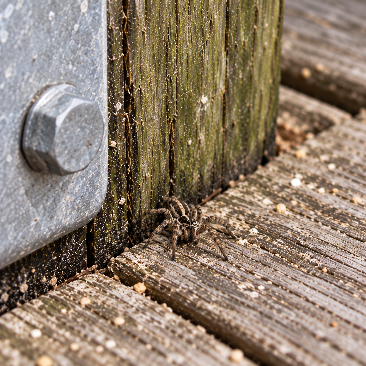 Wolf spider resting on weathered wooden dock boards beside a dock piling.