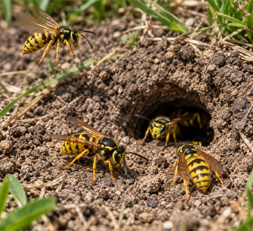 Yellowjackets entering and leaving an underground nest opening in soil and grass.
