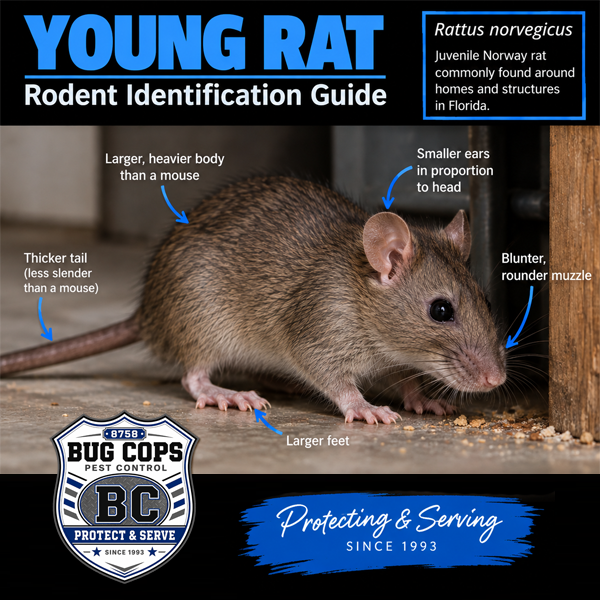 Mouse Identification Guide showing a young rat with a heavier body, proportionally larger feet, smaller ears, thicker tail, and broader muzzle.
