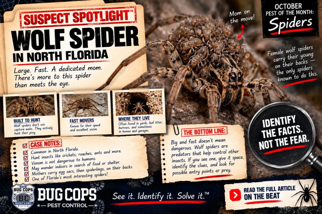Wolf spiders in North Florida featured in Bug Cops Suspect Spotlight investigation graphic