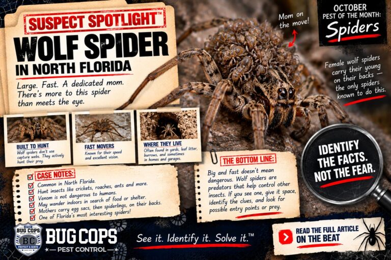 Suspect Spotlight graphic about wolf spiders in North Florida, featuring a female wolf spider carrying spiderlings and identification facts.