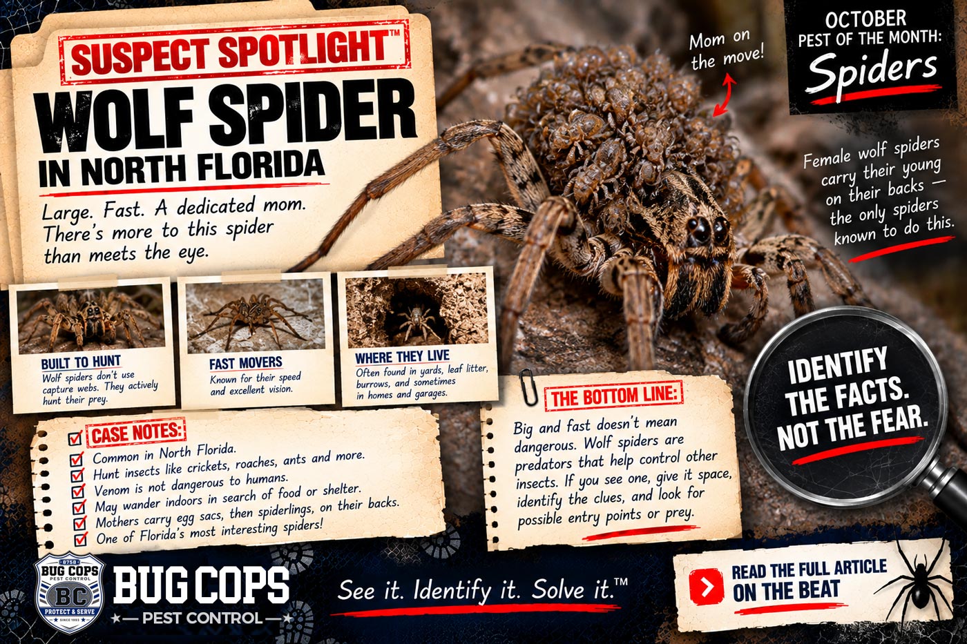 Suspect Spotlight graphic about wolf spiders in North Florida, featuring a female wolf spider carrying spiderlings and identification facts.