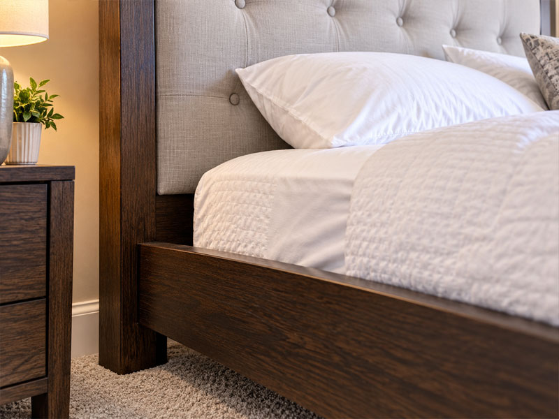 Wooden bed frame with an upholstered headboard, showing areas examined during bed bug control services.