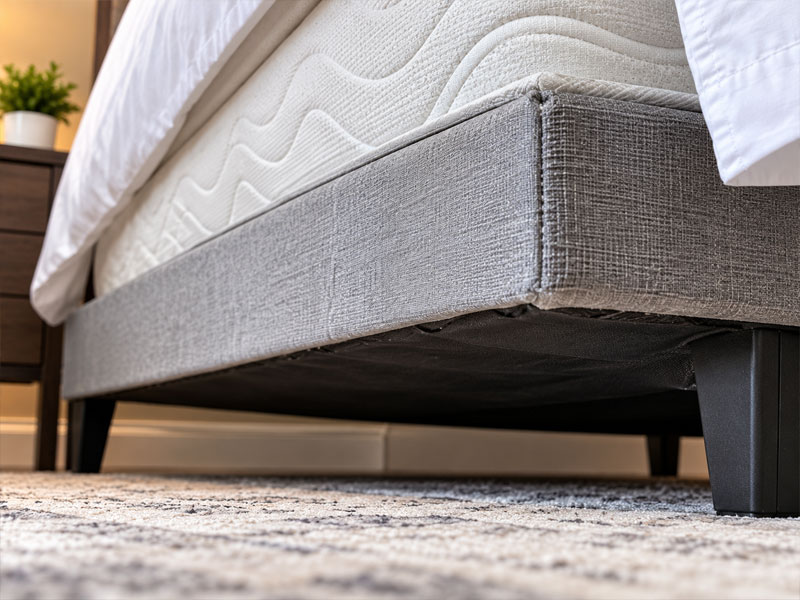Close-up of a gray upholstered bed foundation showing fabric seams, corners, and the underside of the bed.