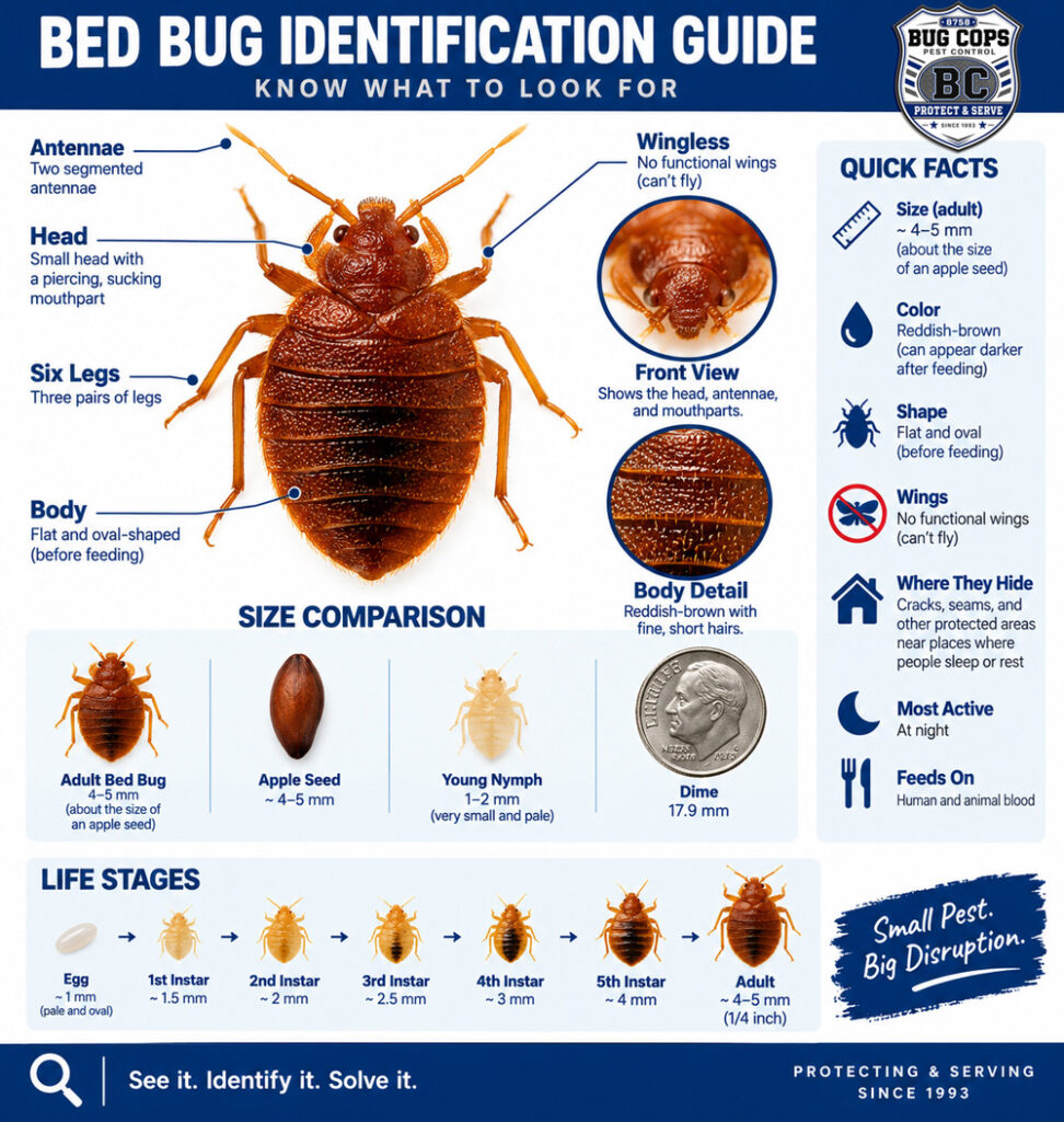 Bed bug identification guide showing bed bug anatomy, size, body shape, nymphs, and life stages.