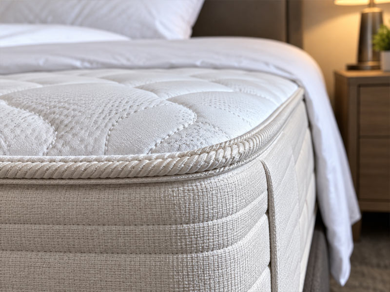 Close-up of a white quilted mattress showing thick piping, stitching, and fabric seams that Bug Cops examines during bed bug control services.