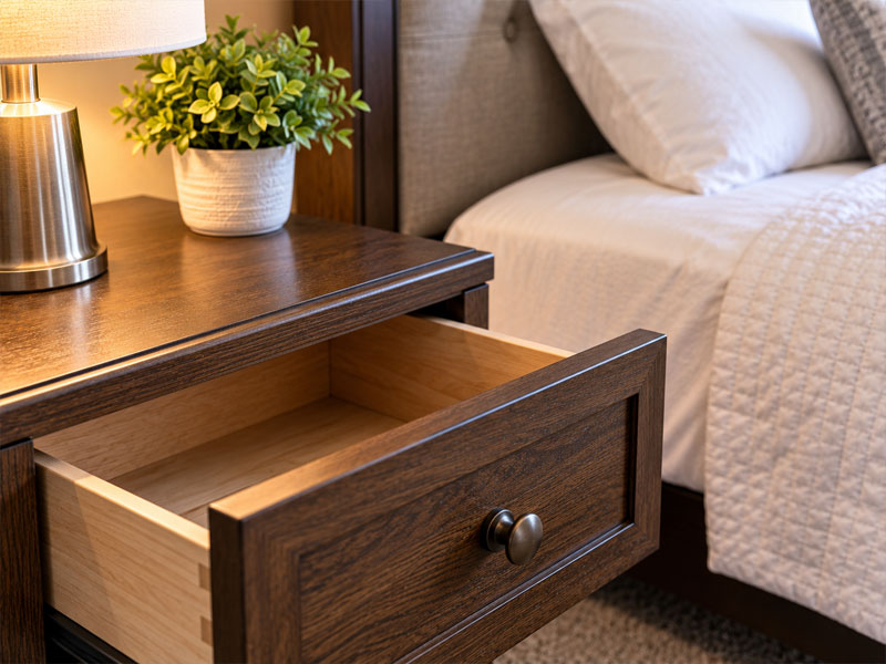 Wooden bedside nightstand with an open drawer beside a neatly made bed.
