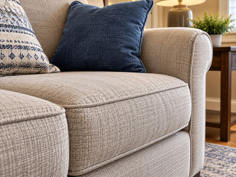 Close-up of a beige upholstered sofa showing cushion seams, fabric folds, and a rounded armrest.
