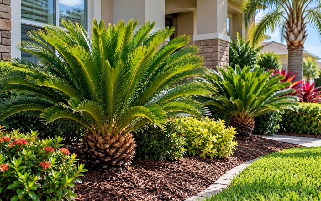 Healthy sago cycads growing in mulched ornamental landscape beds