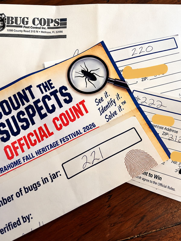 Bug Cops Count the Suspects contest entry forms and official count sheet from the 2026 Florahome Fall Heritage Festival.
