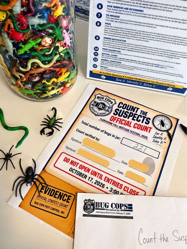 Clear contest jar filled with colorful plastic insects and spiders beside Bug Cops Count the Suspects official rules and evidence count sheet.