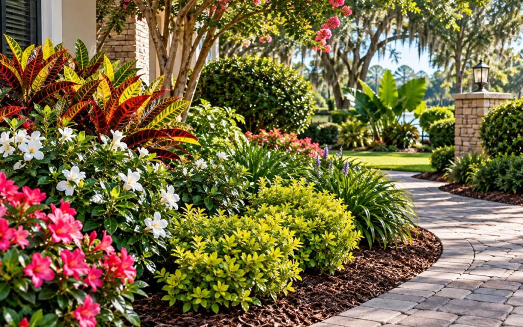Colorful flowering shrubs and landscape plants in a North Florida ornamental garden