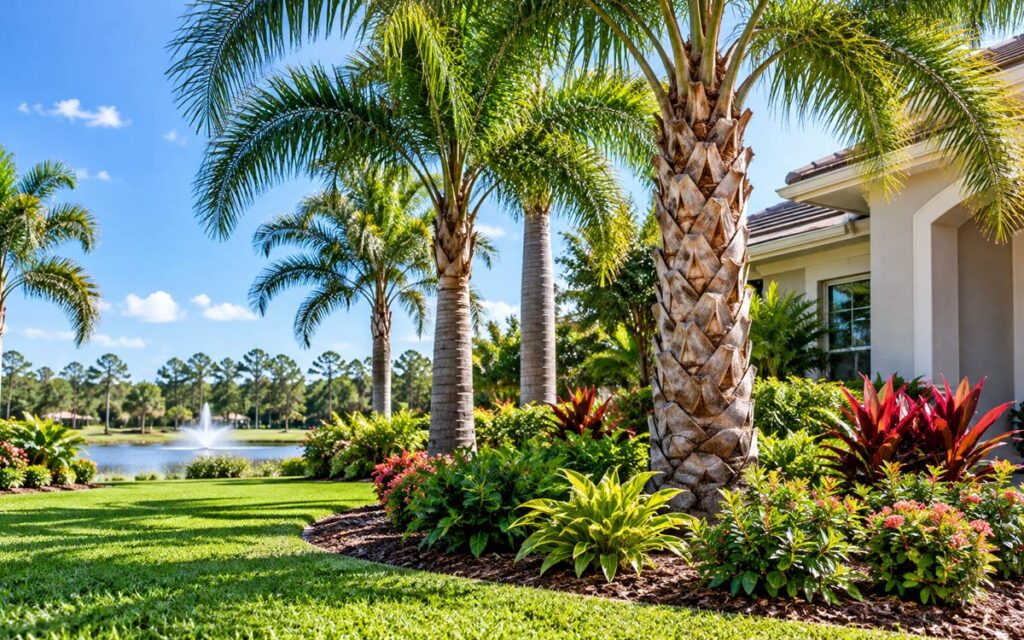 Mature palm trees surrounded by healthy tropical landscaping