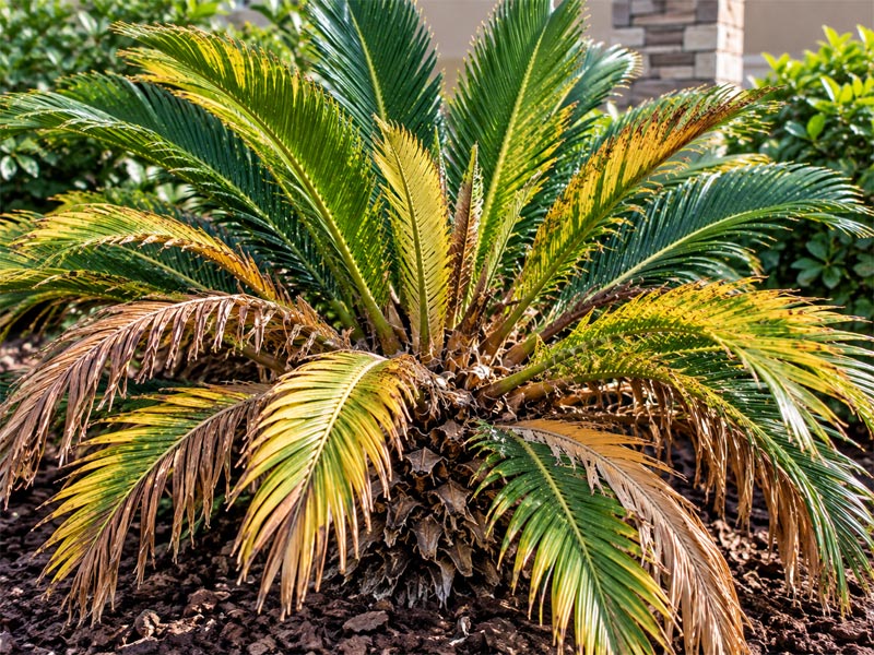 Sago palm cycad with yellowing, brown, and drooping fronds mixed with remaining green foliage.