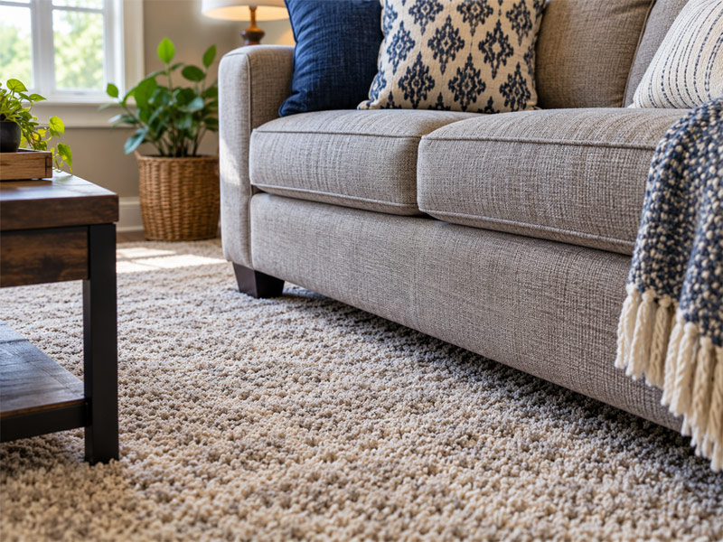 Beige upholstered sofa beside a textured carpet in a residential living room.