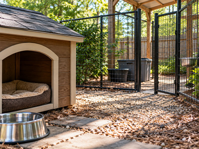 Outdoor dog kennel with a wooden doghouse, cushioned pet bed, gravel, and water bowl.