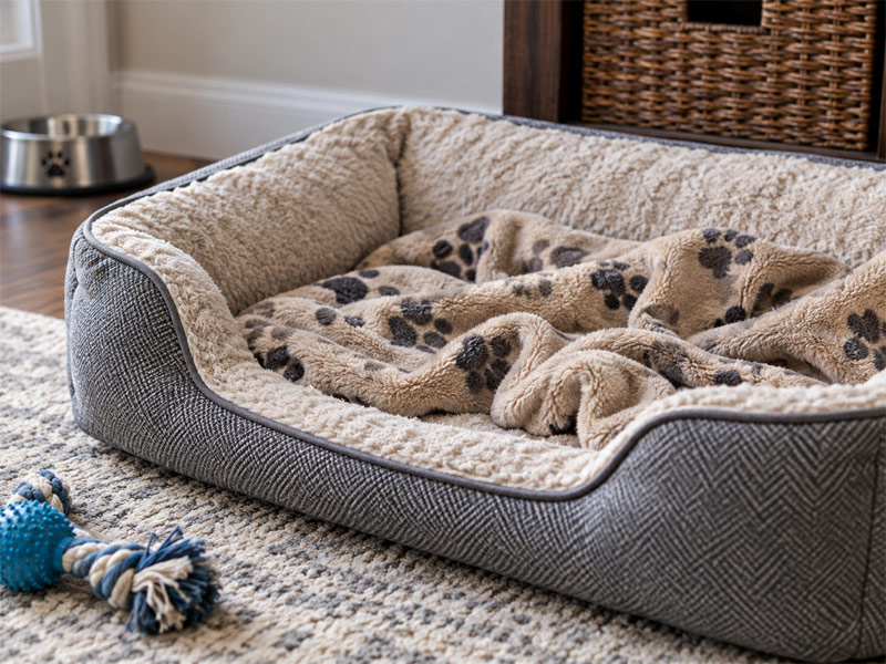 Gray pet bed with a soft blanket and dog toy in an indoor resting area.
