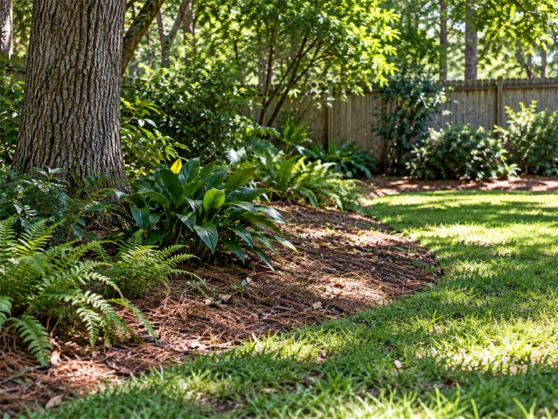 Shaded residential backyard with a large tree, ferns, pine straw, and green grass.