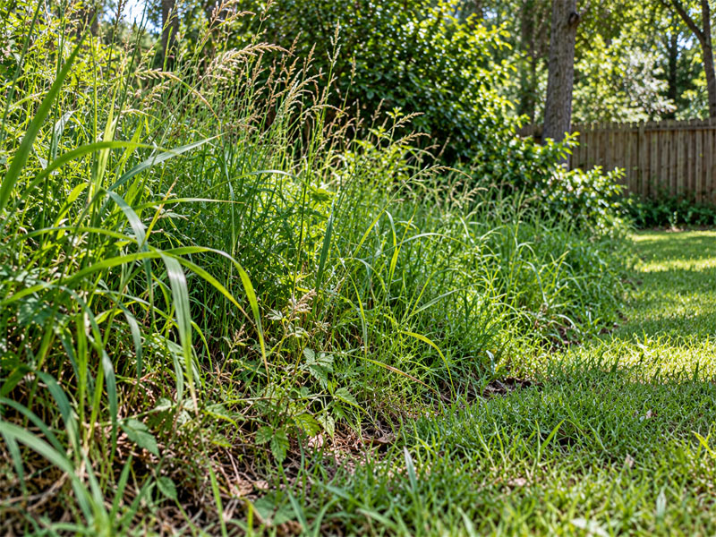 Tall grass and overgrown vegetation along the edge of a residential yard.