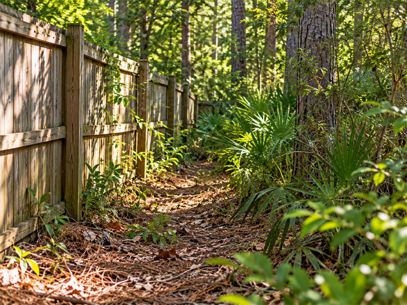Leaf-covered pathway beside a wooden fence and dense vegetation at the edge of a wooded yard.