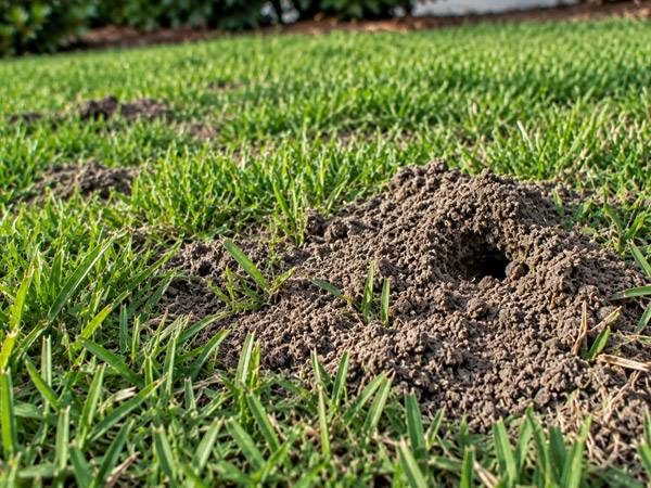 Close-up of disturbed soil, small mounds, and a tunnel-like opening surrounded by green residential lawn grass.