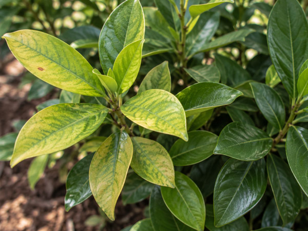Close-up of ornamental shrub leaves showing yellow-green discoloration and mottled foliage alongside healthy dark green leaves.