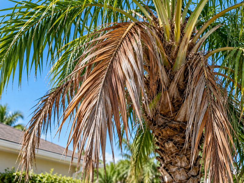 Palm tree with dry brown fronds hanging beneath green foliage near a residential home.