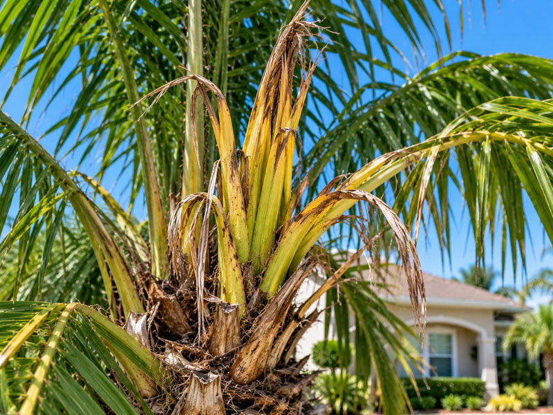 Palm tree crown showing yellowed, distorted, and brown-tipped emerging fronds surrounded by older green foliage.