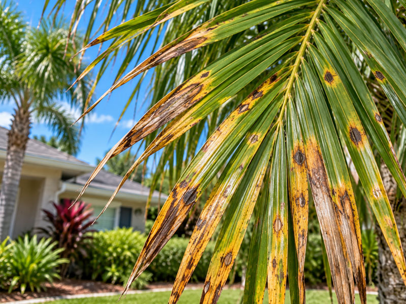 Palm fronds showing dark brown spots, yellowing areas, and elongated lesions on green leaflets.