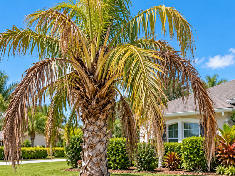 Palm tree with a thinning canopy and drooping yellow and brown fronds in a residential landscape.