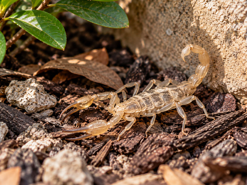 Pale, translucent scorpion exoskeleton resting among mulch, stones, and dry leaves.